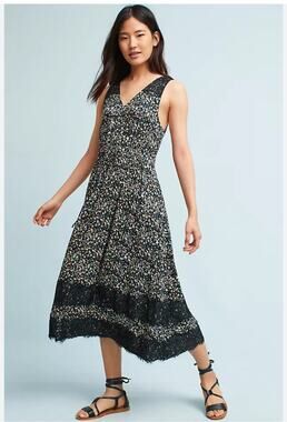Ranna Gill Anthropologie Black Ditsy Floral Sleeveless Lace Trim Midi Dress